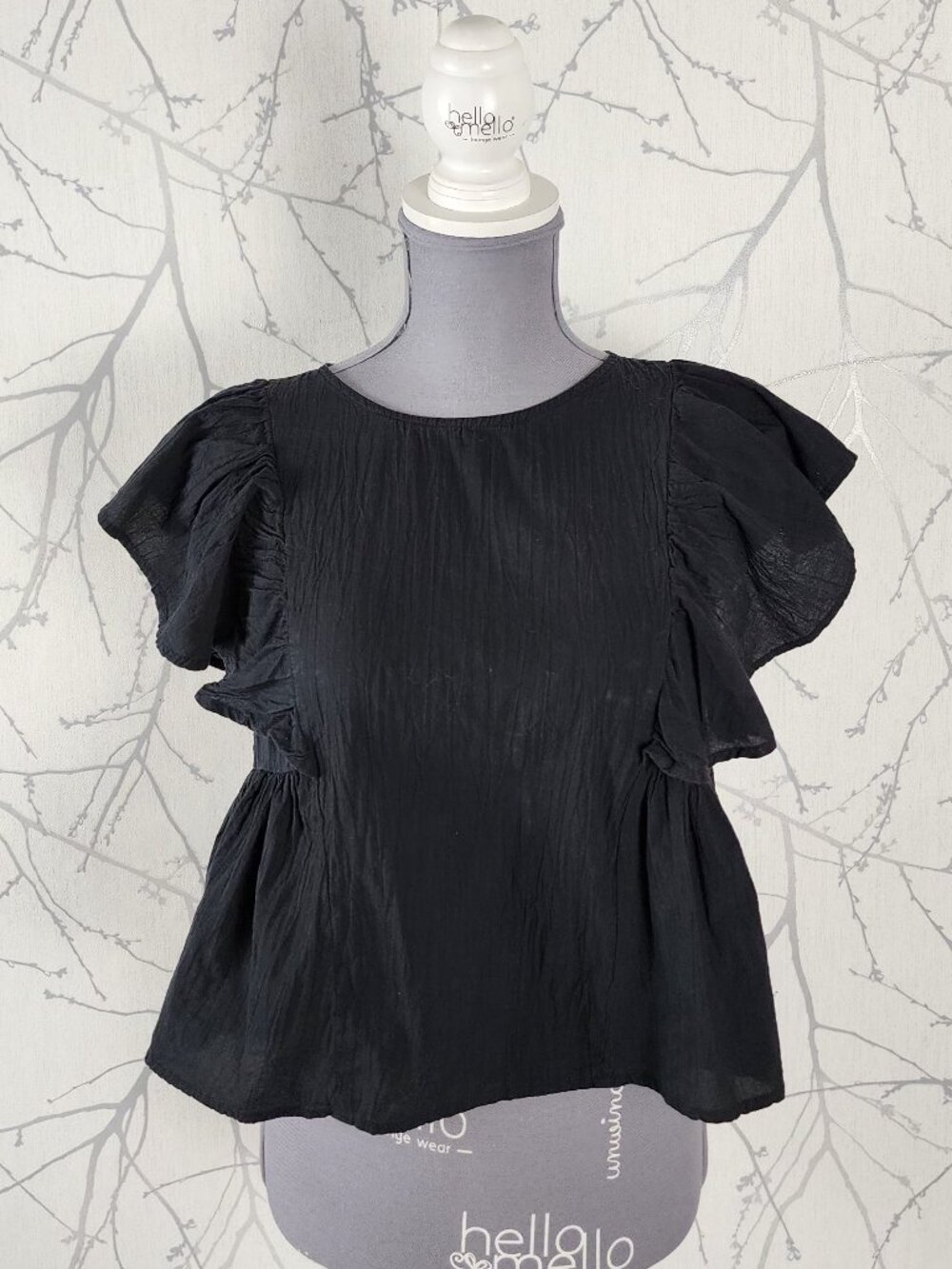 Wildfox Black Cotton Crinkle Ruffle Flutter Crop Top